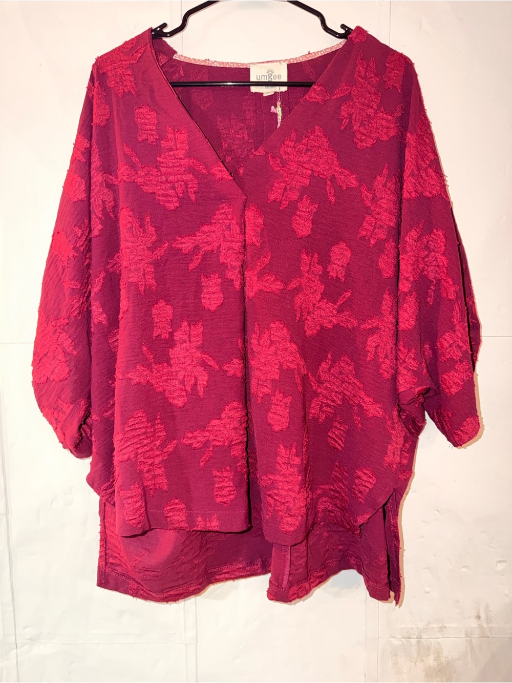 Umgee Raspberry Textured V-Neck Dolman Blouse